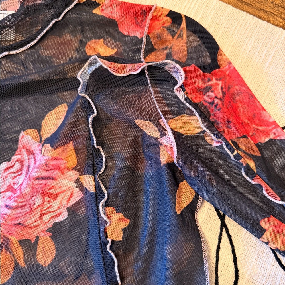 Floral Black Sheer Mock Turtleneck Top - Picture 7 of 7
